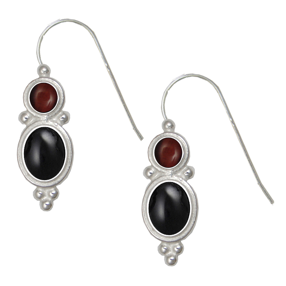 Sterling Silver Drop Dangle Earrings Black Onyx And Red Tiger Eye